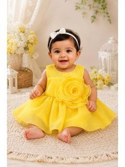 Katibi Kids - Yellow Self Design Sleeveless Dress
