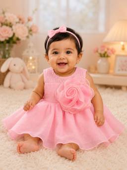 Katibi Kids - Pink Self Design Sleeveless Dress