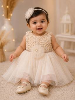 Katibi Kids - Cream Embellished/Sequined Sleeveless Dress