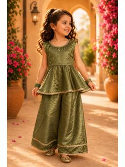 Peekaaboo Kids - Green Embroidered Sleeveless Mid Waist Top & Sharara