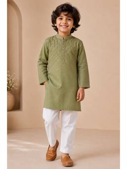 Peekaaboo Kids - Green Embroidered Full Sleeves Mid Waist Kurta & Pant