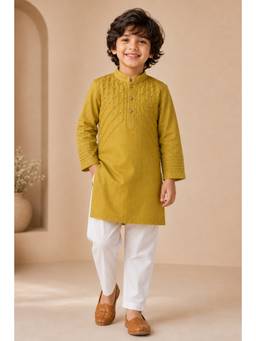 Peekaaboo Kids - Yellow Embroidered Full Sleeves Mid Waist Kurta & Pant