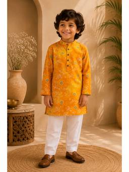 Peekaaboo Kids - Yellow Floral Full Sleeves Mid Waist Kurta & Pant