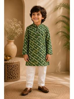 Peekaaboo Kids - Green Stripes Full Sleeves Mid Waist Kurta & Pant
