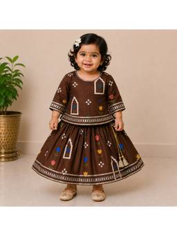 BAATCHEET - Brown Floral Three Fourth Sleeves Mid Waist Lehenga & Choli