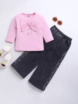 Bright Star Kids Wear - Black Embellished/Sequined Full Sleeves Mid Waist Top & Jeans