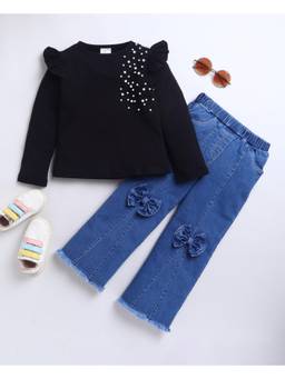 Bright Star Kids Wear - Black Embellished/Sequined Full Sleeves Mid Waist Top & Jeans