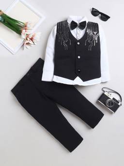 FOURFOLDS - Black Sequined Full Sleeves Mid Waist Waistcoat Shirt & Trouser with Bow