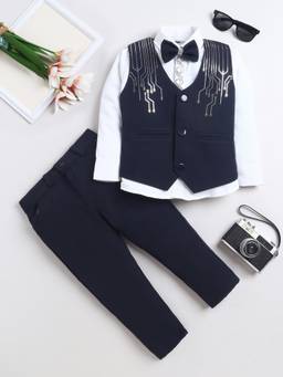 FOURFOLDS - Navy Blue Sequined Full Sleeves Mid Waist Waistcoat Shirt & Trouser with Bow