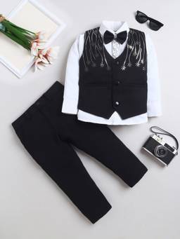 FOURFOLDS - Black Sequined Full Sleeves Mid Waist Waistcoat Shirt & Trouser with Bow