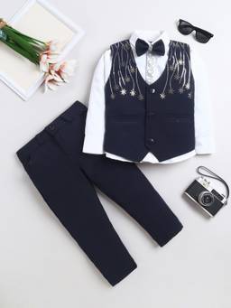 FOURFOLDS - Navy Blue Sequined Full Sleeves Mid Waist Waistcoat Shirt & Trouser with Bow