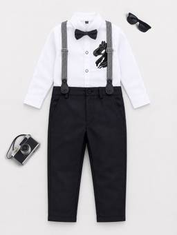 FOURFOLDS - Black Graphic Full Sleeves Mid Waist Shirt & Pant - Bow with Suspender