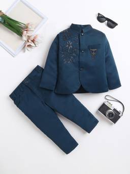FOURFOLDS - Navy Blue Embellished/Sequined Full Sleeves Mid Waist Blazer & Trouser