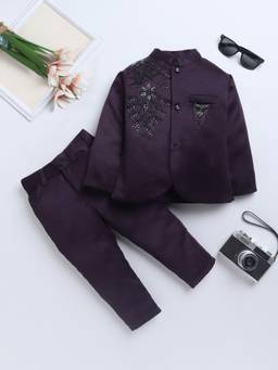 FOURFOLDS - Purple Embellished/Sequined Full Sleeves Mid Waist Blazer & Trouser