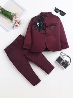 FOURFOLDS - Wine Embellished/Sequined Full Sleeves Mid Waist Blazer & Trouser