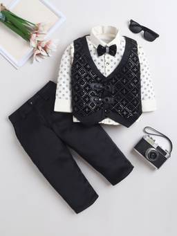 FOURFOLDS - Off White Sequined Full Sleeves Mid Waist Waistcoat Shirt & Trouser with Bow