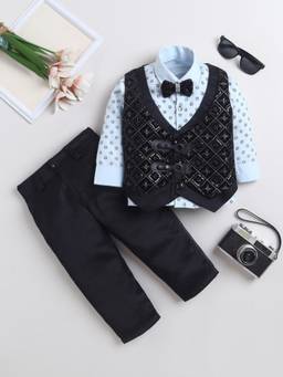 FOURFOLDS - Blue Sequined Full Sleeves Mid Waist Waistcoat Shirt & Trouser with Bow
