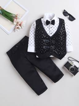 FOURFOLDS - White Sequined Full Sleeves Mid Waist Waistcoat Shirt & Trouser with Bow