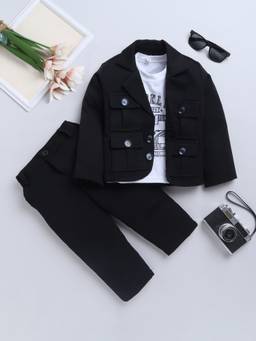 FOURFOLDS - Black Solid/Plain Full Sleeves Mid Waist Blazer T-Shirt with Trouser