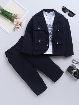 FOURFOLDS - Navy Blue Solid/Plain Full Sleeves Mid Waist Blazer T-Shirt with Trouser