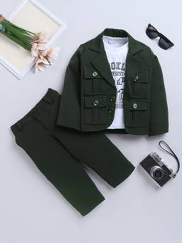 FOURFOLDS - Olive Solid/Plain Full Sleeves Mid Waist Blazer T-Shirt with Trouser