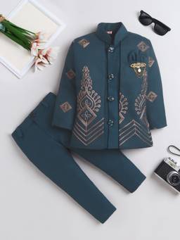 FOURFOLDS - Teal Embroidered Full Sleeves Mid Waist Sherwani & Trouser