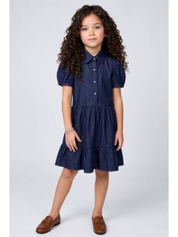 TINY GIRL - Blue Solid/Plain Half Sleeves Dress