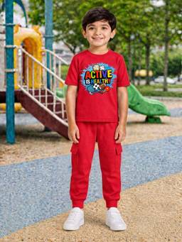 Palgrave - Red Typography Half Sleeves Mid Waist T- Shirt & Jogger