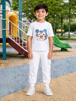 Palgrave - White Printed Half Sleeves Mid Waist T- Shirt & Jogger