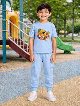 Palgrave - Blue Printed Half Sleeves Mid Waist T- Shirt & Jogger