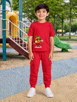 Palgrave - Red Printed Half Sleeves Mid Waist T- Shirt & Jogger