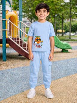 Palgrave - Blue Printed Half Sleeves Mid Waist T- Shirt & Jogger