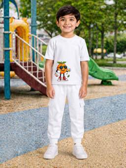 Palgrave - White Printed Half Sleeves Mid Waist T- Shirt & Jogger