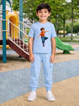 Palgrave - Blue Printed Half Sleeves Mid Waist T- Shirt & Jogger