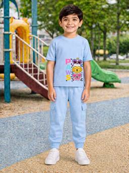Palgrave - Blue Printed Half Sleeves Mid Waist T- Shirt & Jogger