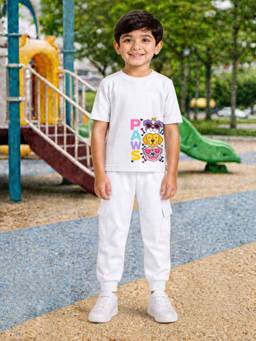 Palgrave - White Printed Half Sleeves Mid Waist T- Shirt & Jogger