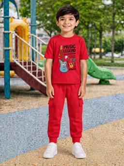 Palgrave - Red Typography Half Sleeves Mid Waist T- Shirt & Jogger