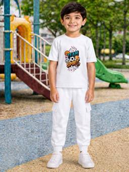 Palgrave - White Typography Half Sleeves Mid Waist T- Shirt & Jogger
