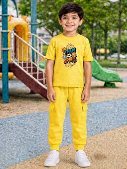 Palgrave - Yellow Typography Half Sleeves Mid Waist T- Shirt & Jogger