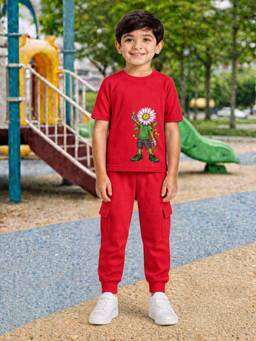 Palgrave - Red Printed Half Sleeves Mid Waist T- Shirt & Jogger