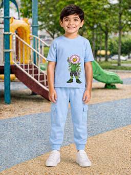 Palgrave - Blue Printed Half Sleeves Mid Waist T- Shirt & Jogger