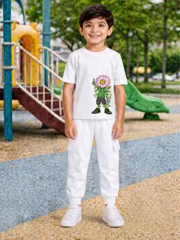 Palgrave - White Printed Half Sleeves Mid Waist T- Shirt & Jogger