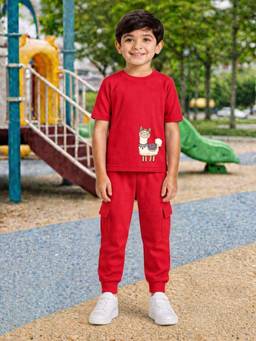 Palgrave - Red Printed Half Sleeves Mid Waist T- Shirt & Jogger