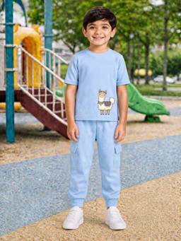 Palgrave - Blue Printed Half Sleeves Mid Waist T- Shirt & Jogger