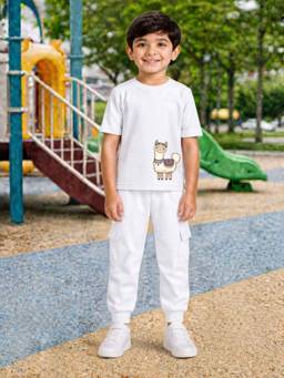 Palgrave - White Printed Half Sleeves Mid Waist T- Shirt & Jogger