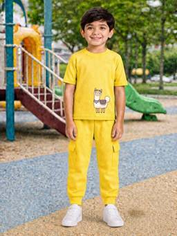 Palgrave - Yellow Printed Half Sleeves Mid Waist T- Shirt & Jogger
