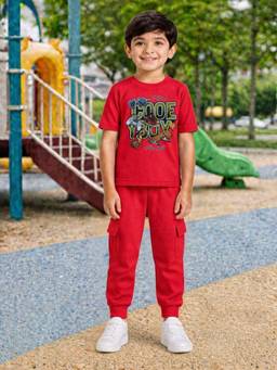 Palgrave - Red Typography Half Sleeves Mid Waist T- Shirt & Jogger
