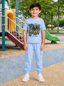 Palgrave - Blue Typography Half Sleeves Mid Waist T- Shirt & Jogger