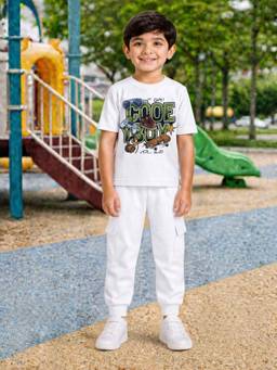 Palgrave - White Typography Half Sleeves Mid Waist T- Shirt & Jogger
