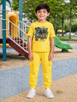 Palgrave - Yellow Typography Half Sleeves Mid Waist T- Shirt & Jogger